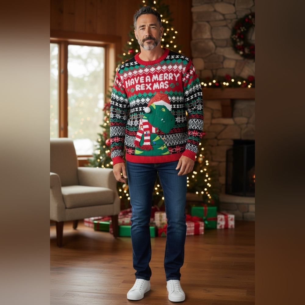 Jollidays Ugly Christmas Sweater XL Have a Merry Dinosaur Holiday‎ Pullover